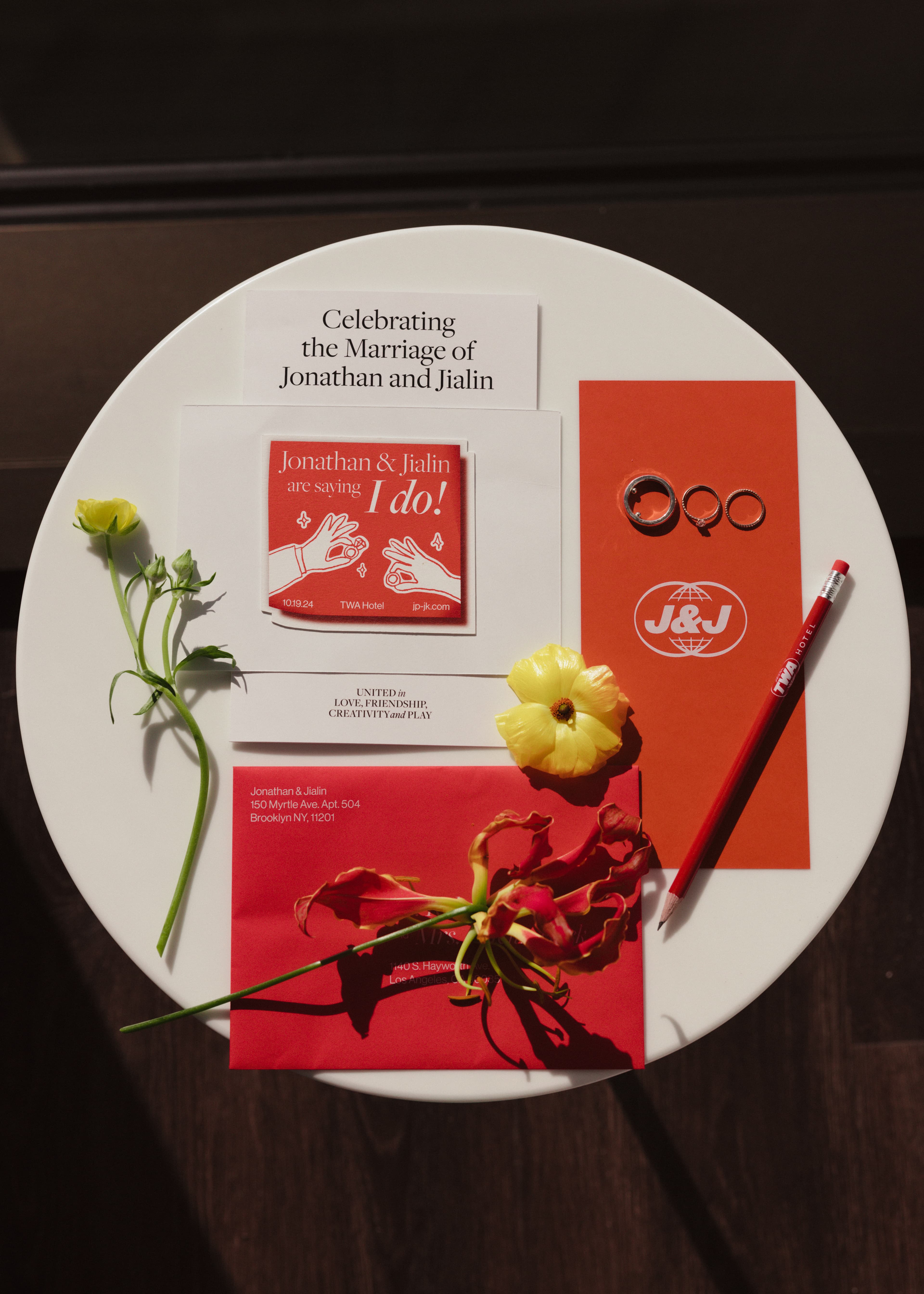 Jialin & Jonathan wedding invitation flat lay